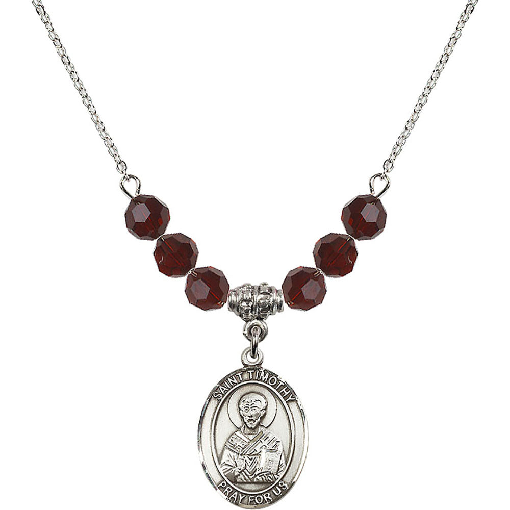 Sterling Silver Saint Timothy Birthstone Necklace with Garnet Beads - 8105