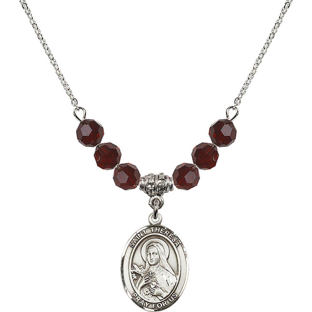 Sterling Silver Saint Theresa Birthstone Necklace with Garnet Beads - 8106