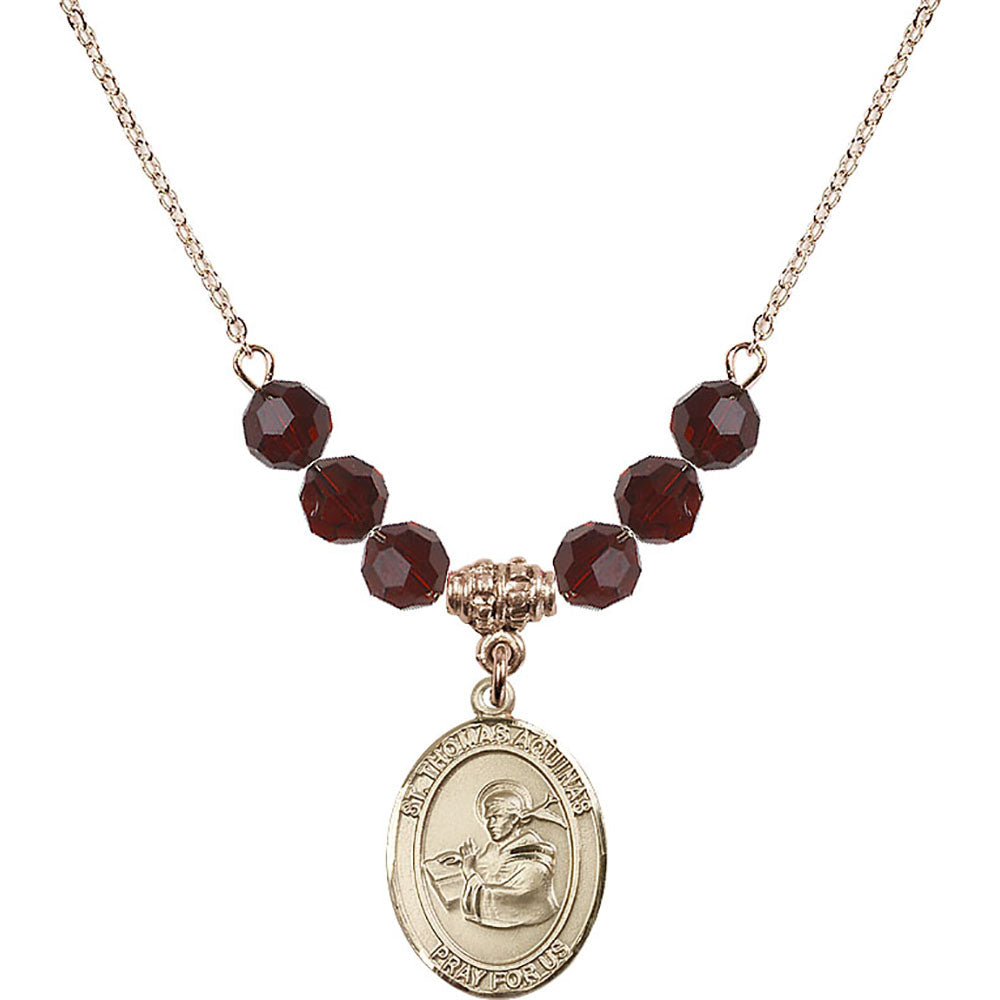 14kt Gold Filled Saint Thomas Aquinas Birthstone Necklace with Garnet Beads - 8108