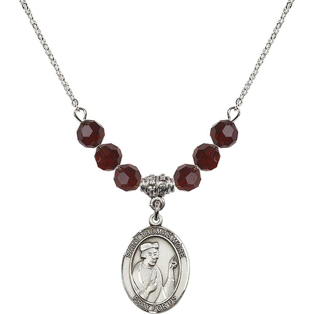 Sterling Silver Saint Thomas More Birthstone Necklace with Garnet Beads - 8109