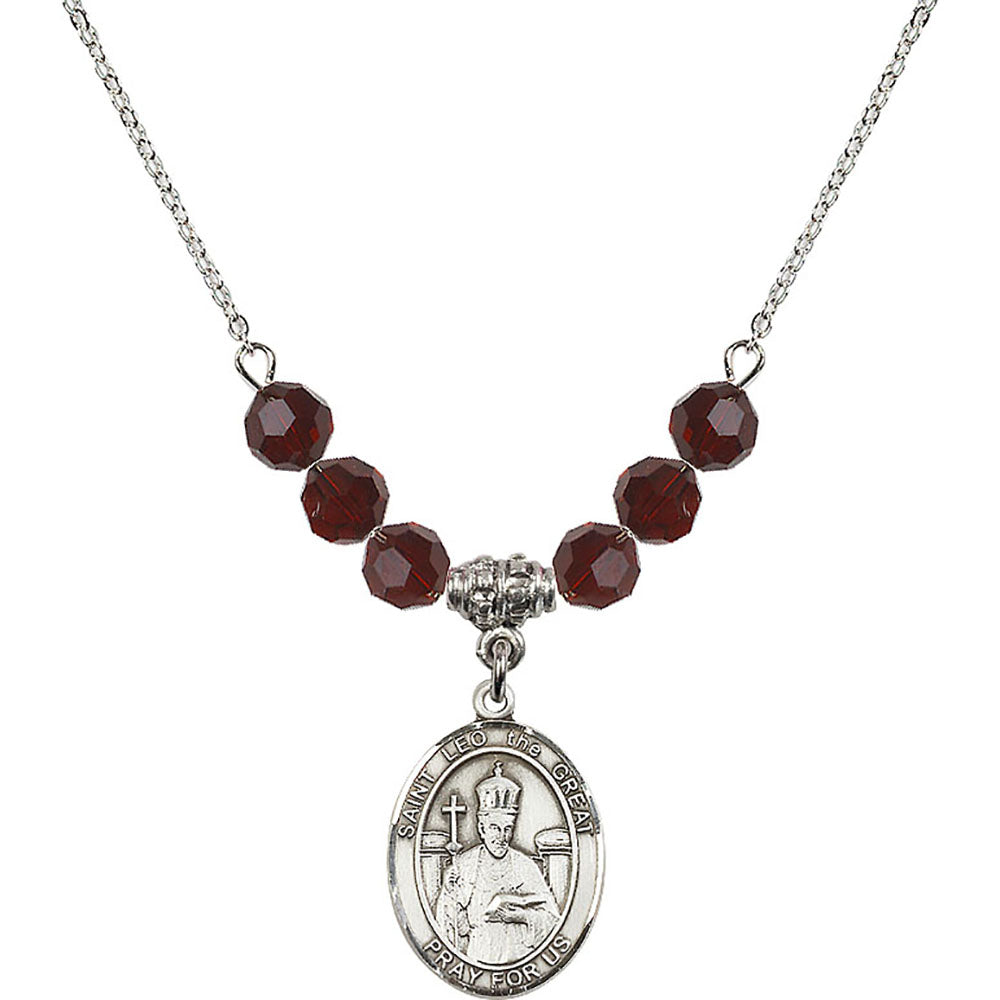 Sterling Silver Saint Leo the Great Birthstone Necklace with Garnet Beads - 8120