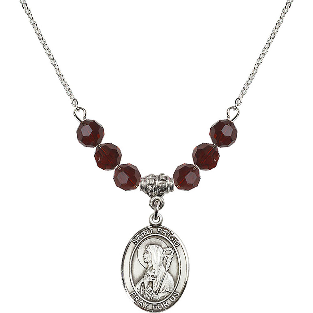 Sterling Silver Saint Brigid of Ireland Birthstone Necklace with Garnet Beads - 8123