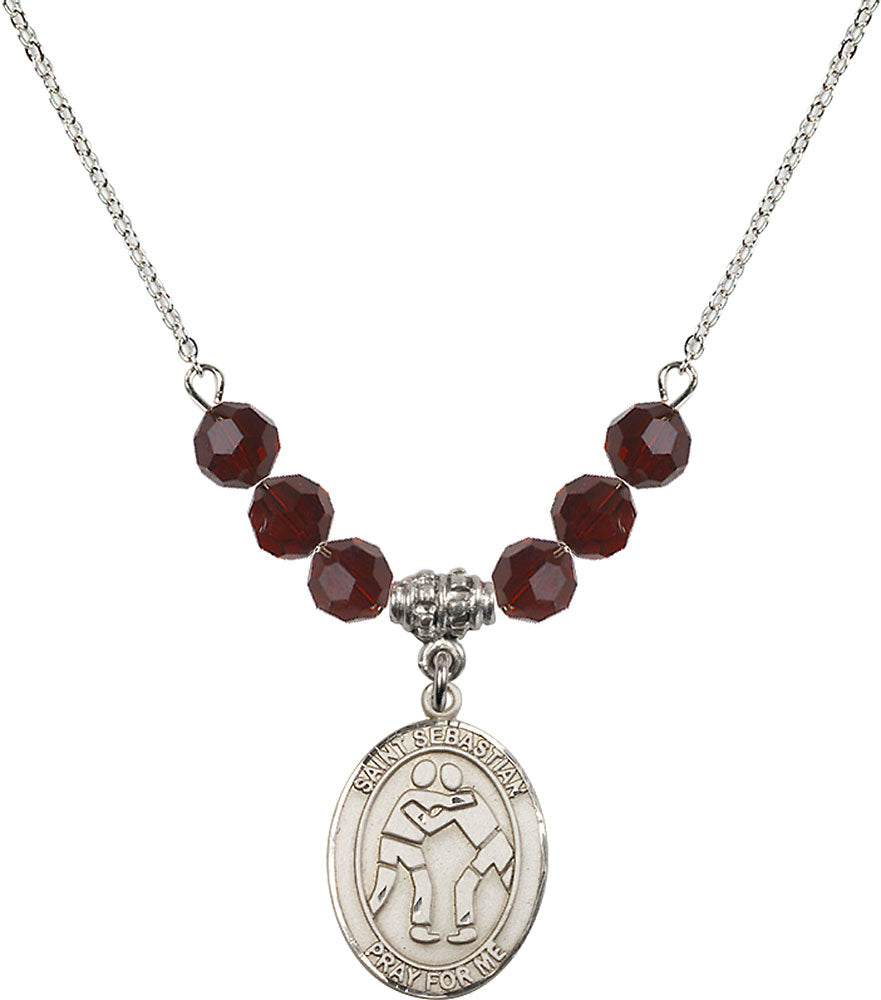 Sterling Silver Saint Sebastian/Wrestling Birthstone Necklace with Garnet Beads - 8171