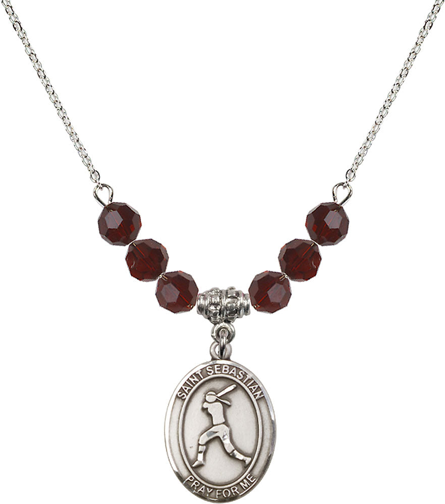 Sterling Silver Saint Sebastian / Softball Birthstone Necklace with Garnet Beads - 8183