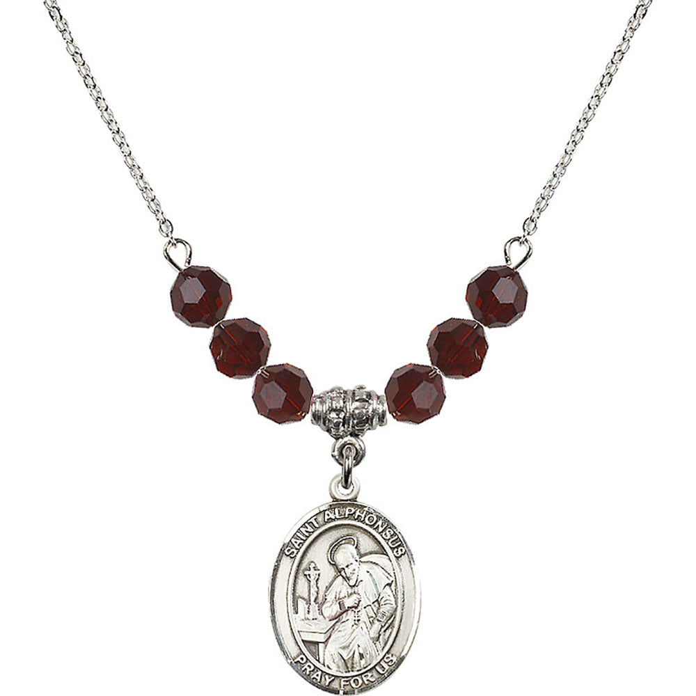 Sterling Silver Saint Alphonsus Birthstone Necklace with Garnet Beads - 8221