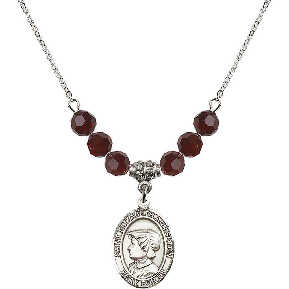 Sterling Silver Saint Elizabeth Ann Seton Birthstone Necklace with Garnet Beads - 8224