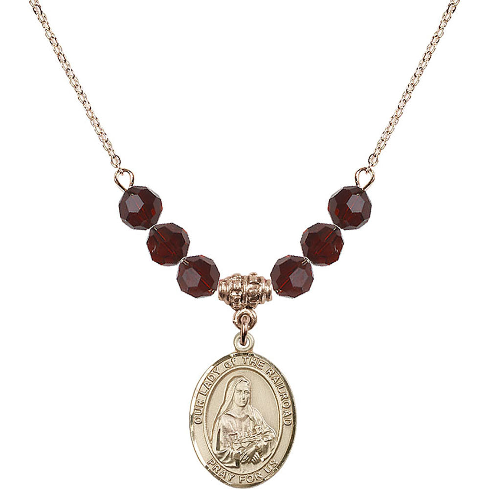 14kt Gold Filled Our Lady of the Railroad Birthstone Necklace with Garnet Beads - 8247