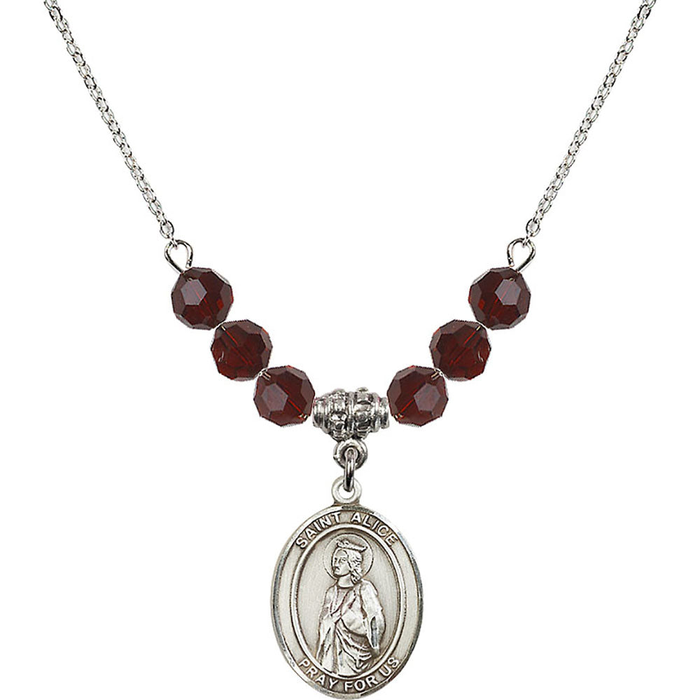 Sterling Silver Saint Alice Birthstone Necklace with Garnet Beads - 8248