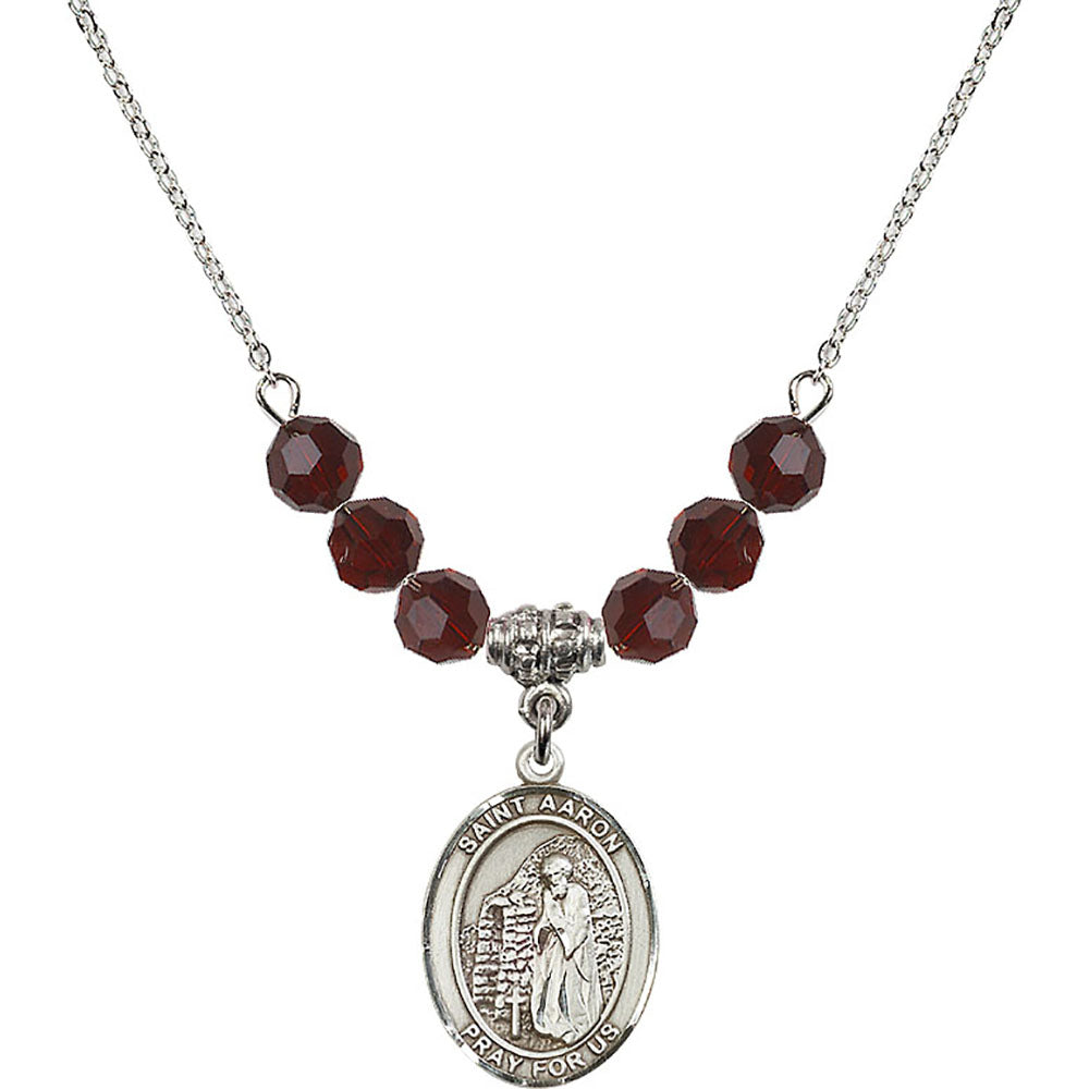 Sterling Silver Saint Aaron Birthstone Necklace with Garnet Beads - 8254