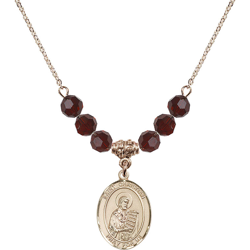14kt Gold Filled Saint Christian Demosthenes Birthstone Necklace with Garnet Beads - 8257