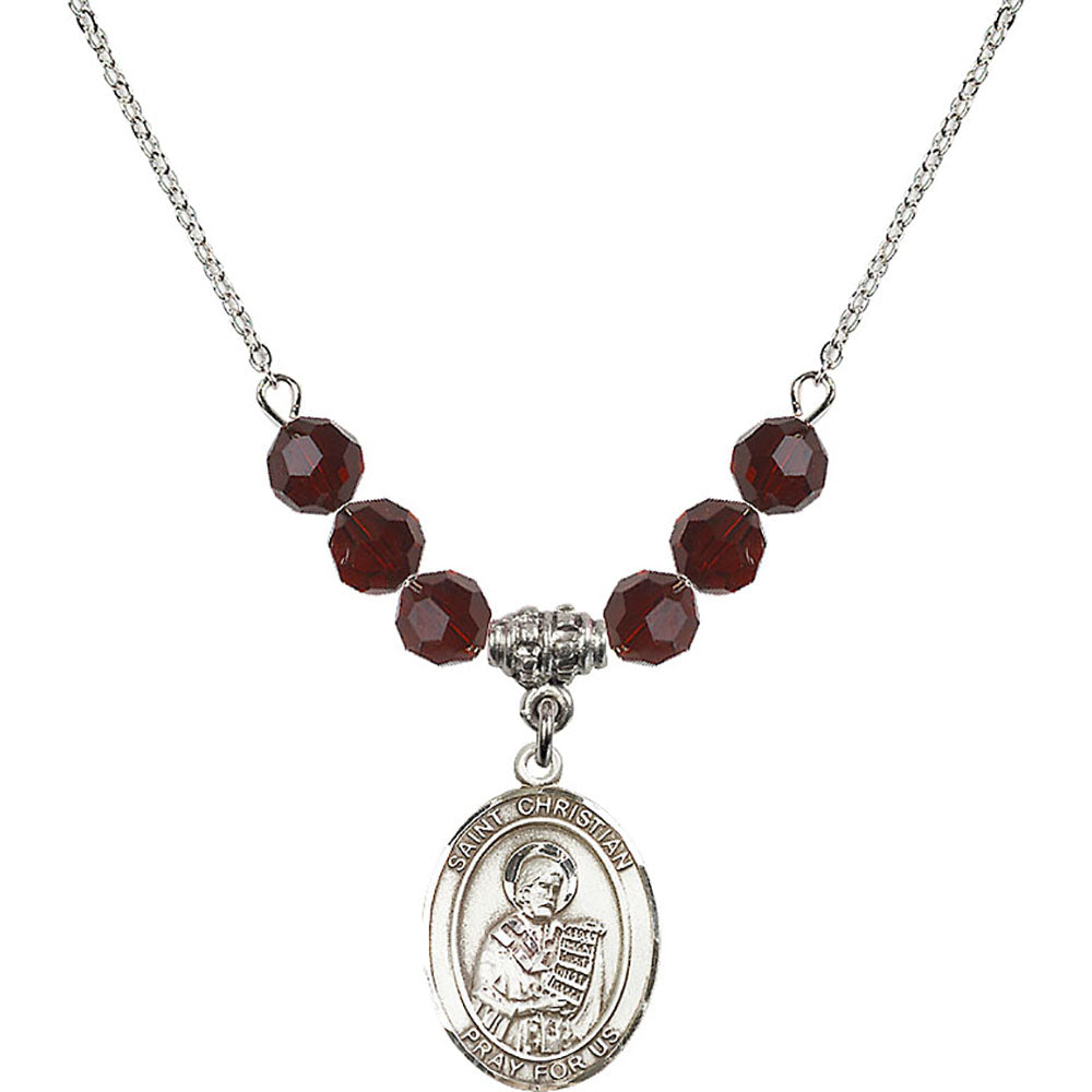 Sterling Silver Saint Christian Demosthenes Birthstone Necklace with Garnet Beads - 8257