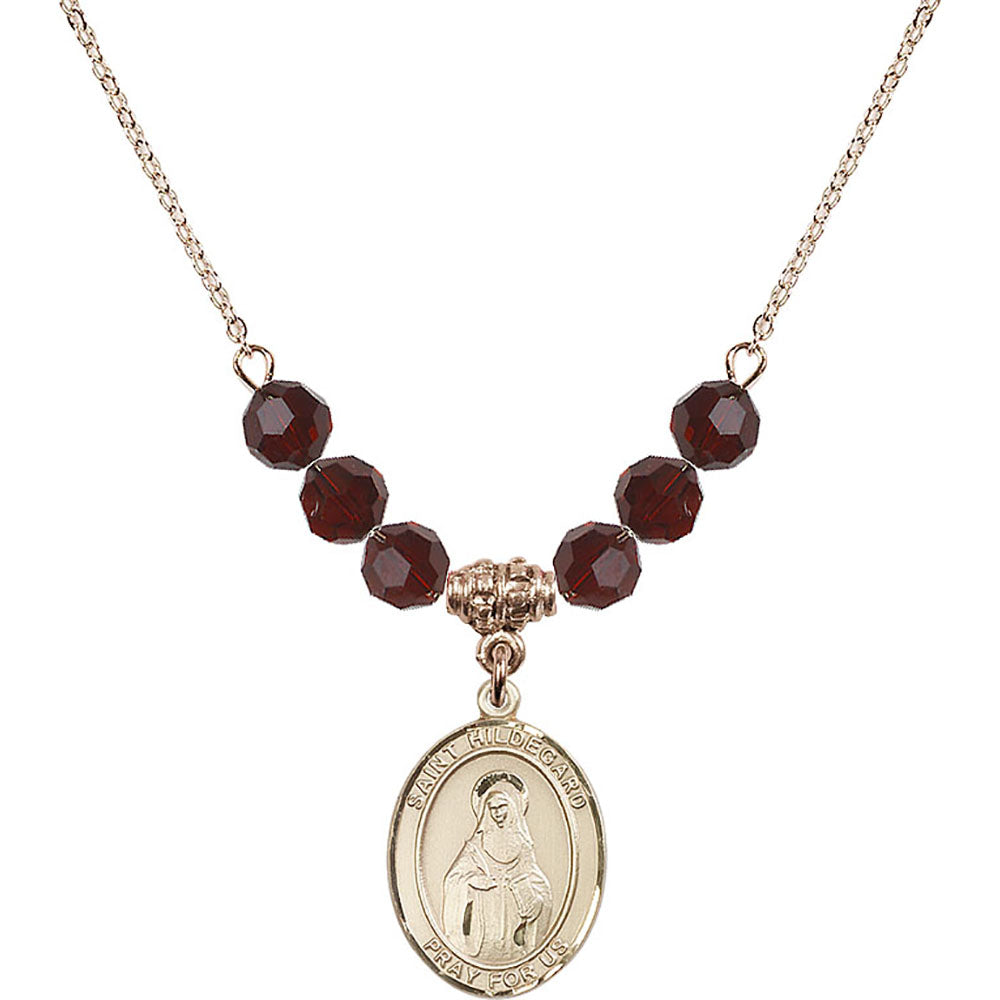 14kt Gold Filled Saint Hildegard von Bingen Birthstone Necklace with Garnet Beads - 8260