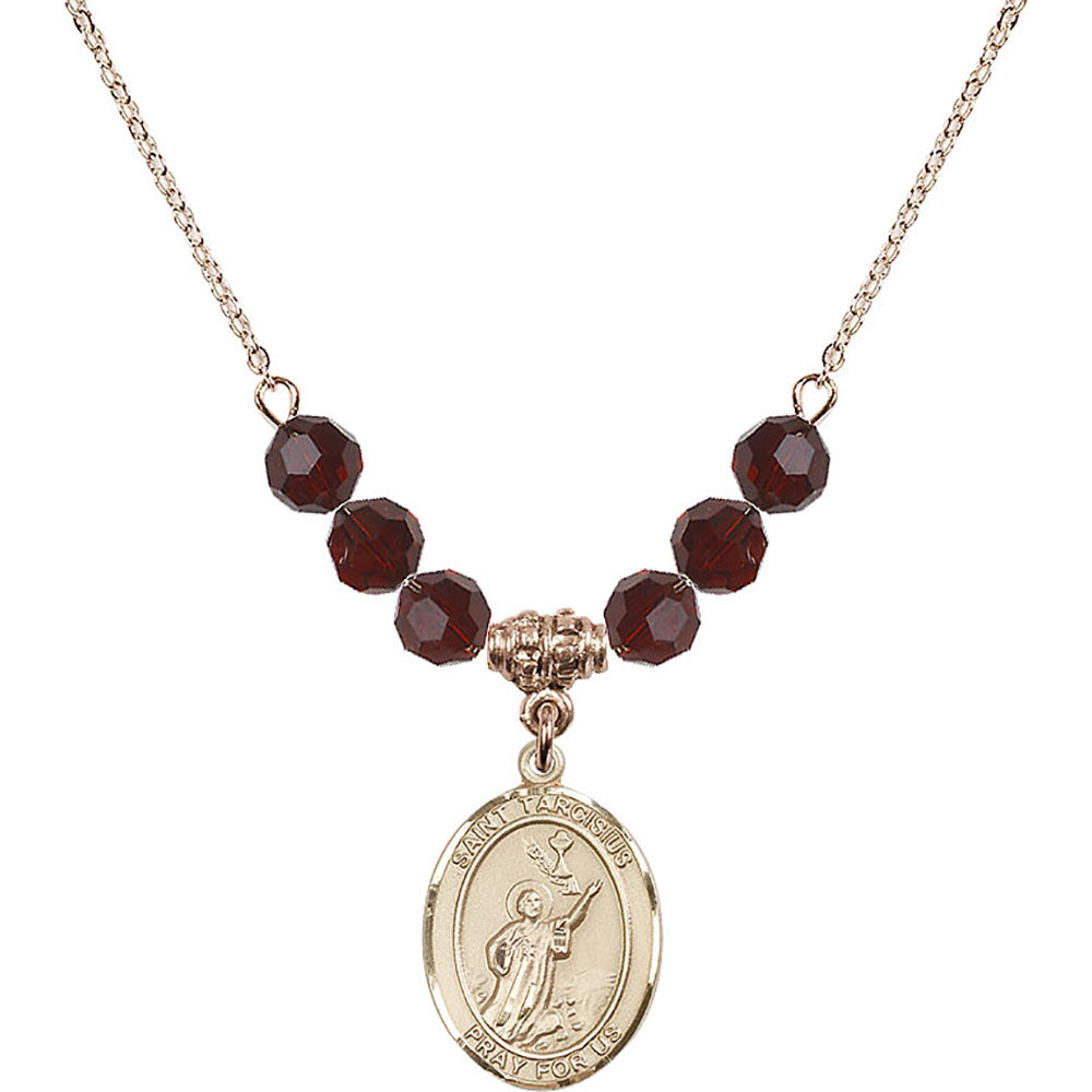 14kt Gold Filled Saint Tarcisius Birthstone Necklace with Garnet Beads - 8261
