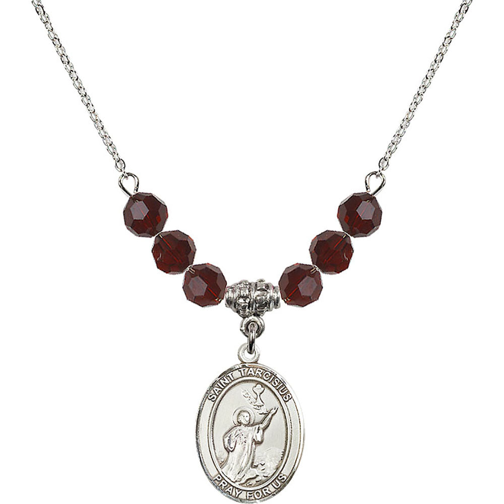Sterling Silver Saint Tarcisius Birthstone Necklace with Garnet Beads - 8261