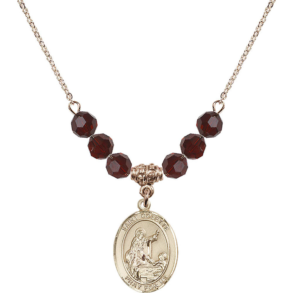 14kt Gold Filled Saint Colette Birthstone Necklace with Garnet Beads - 8268