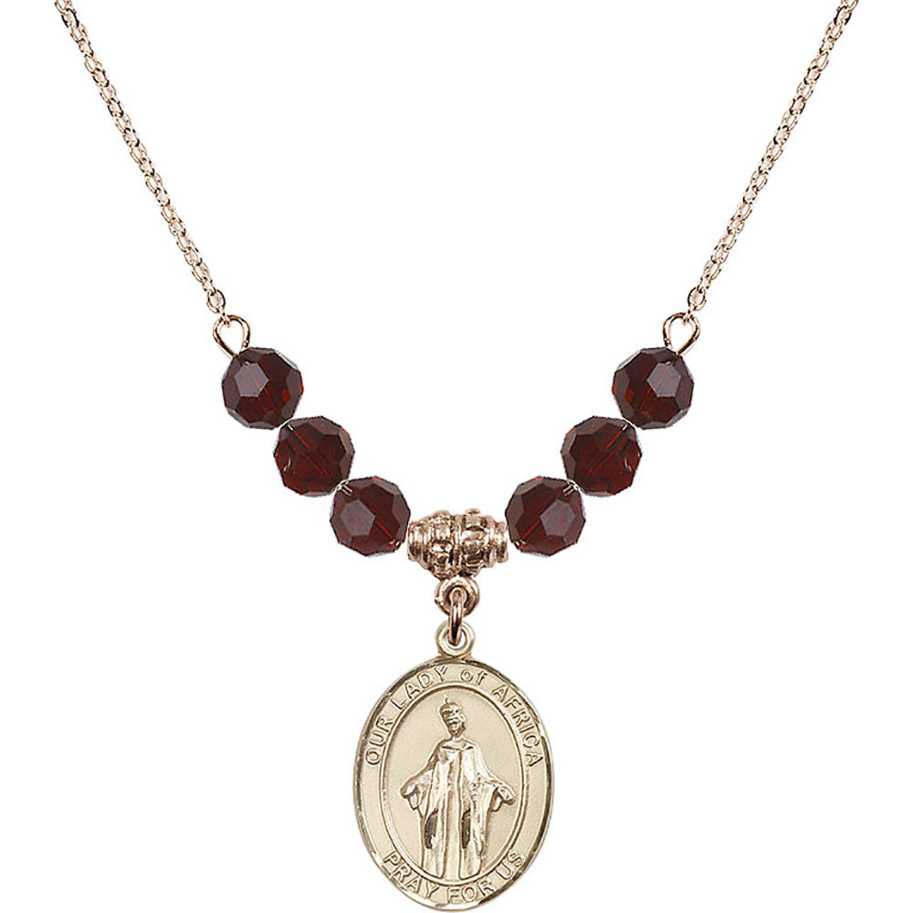 14kt Gold Filled Our Lady of Africa Birthstone Necklace with Garnet Beads - 8269