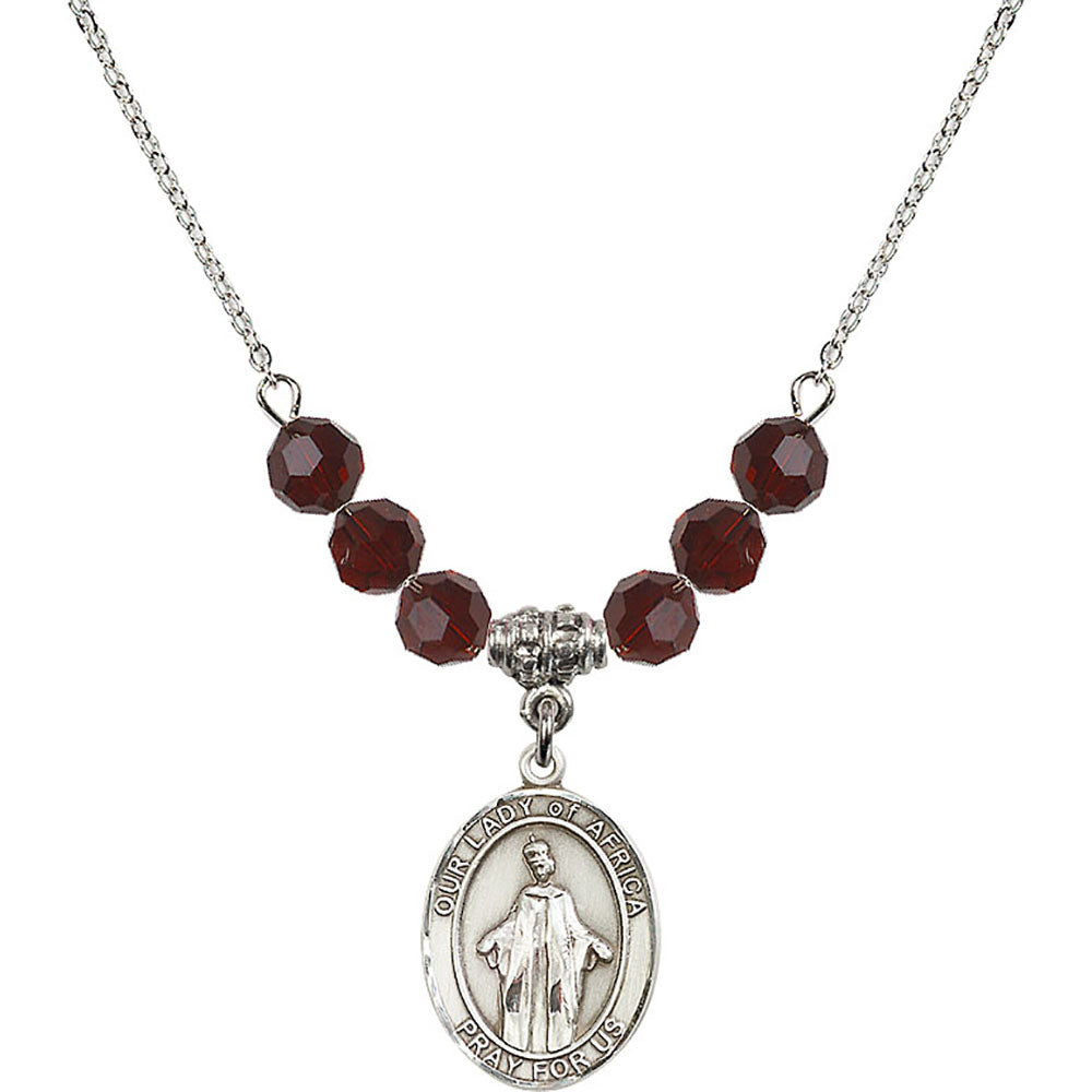 Sterling Silver Our Lady of Africa Birthstone Necklace with Garnet Beads - 8269