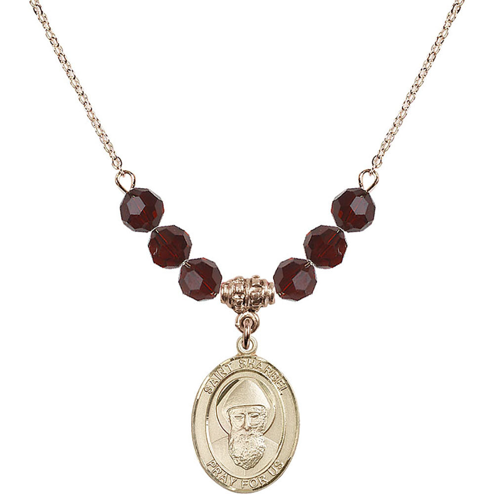 14kt Gold Filled Saint Sharbel Birthstone Necklace with Garnet Beads - 8271