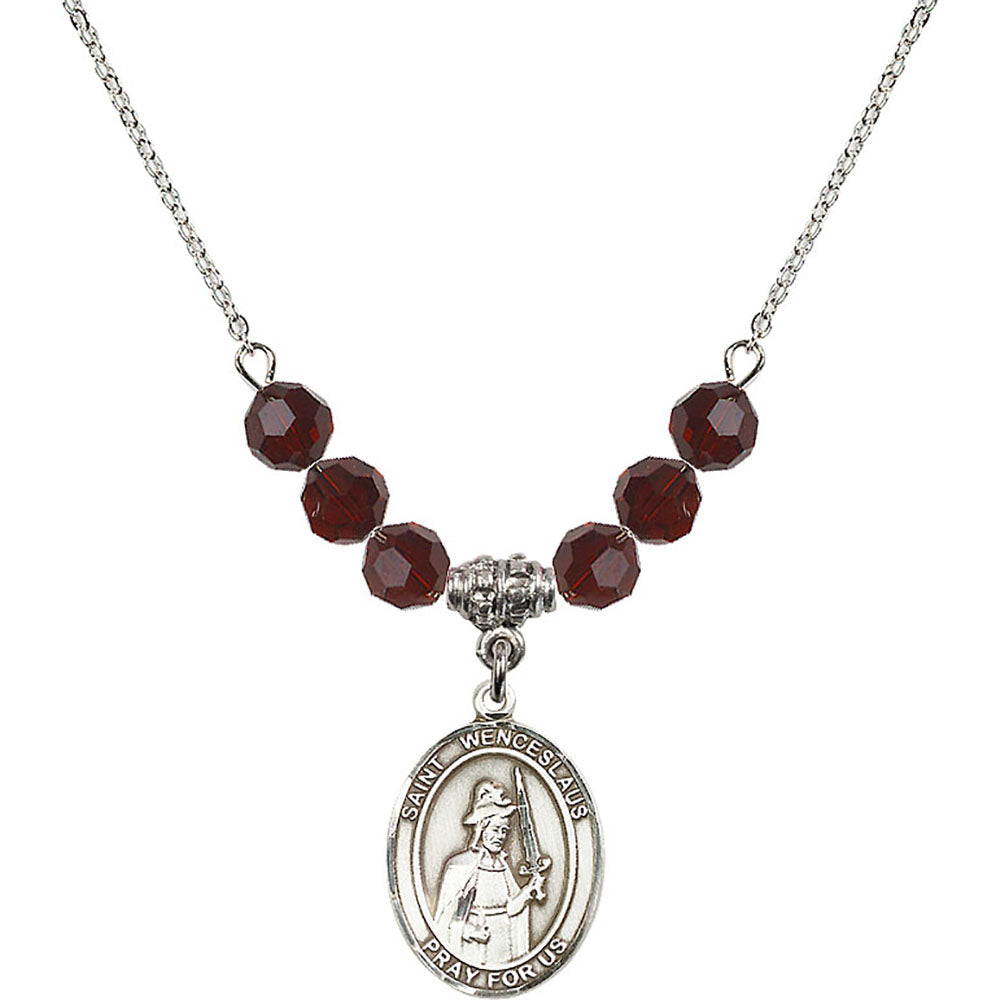 Sterling Silver Saint Wenceslaus Birthstone Necklace with Garnet Beads - 8273