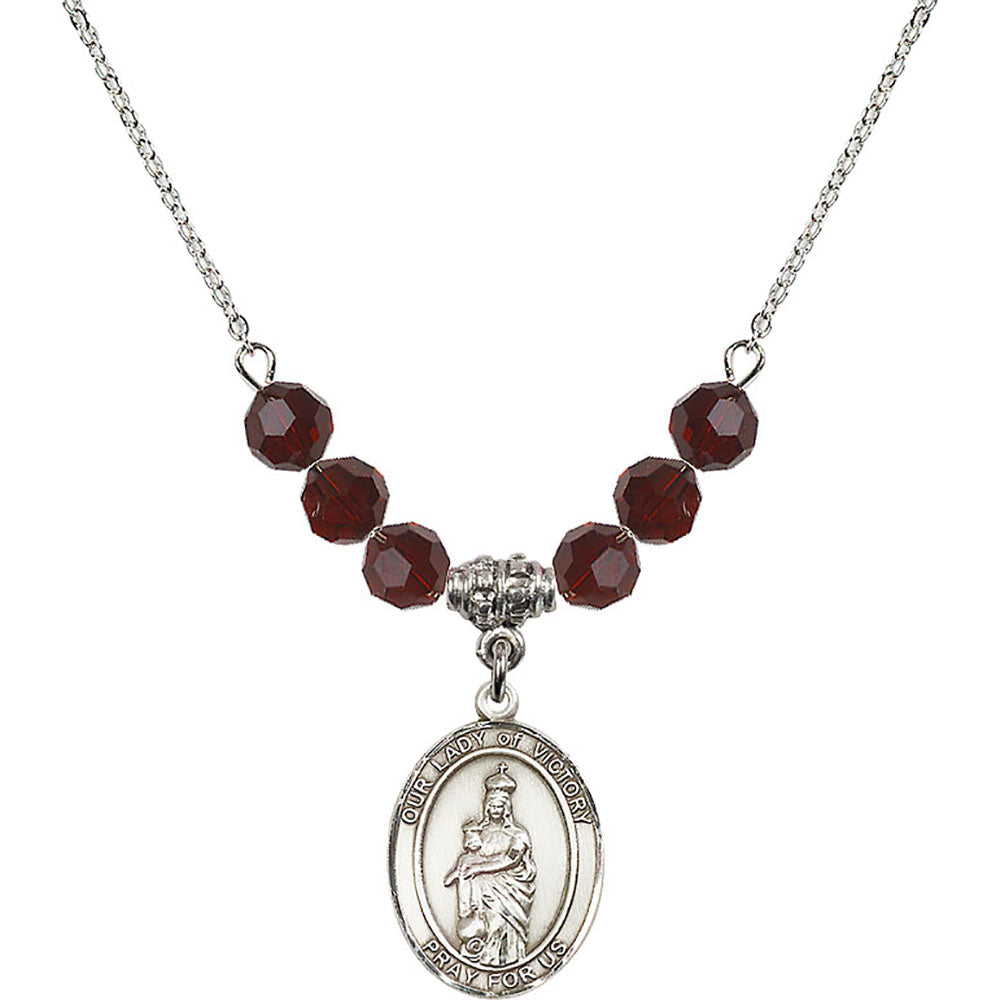 Sterling Silver Our Lady of Victory Birthstone Necklace with Garnet Beads - 8306