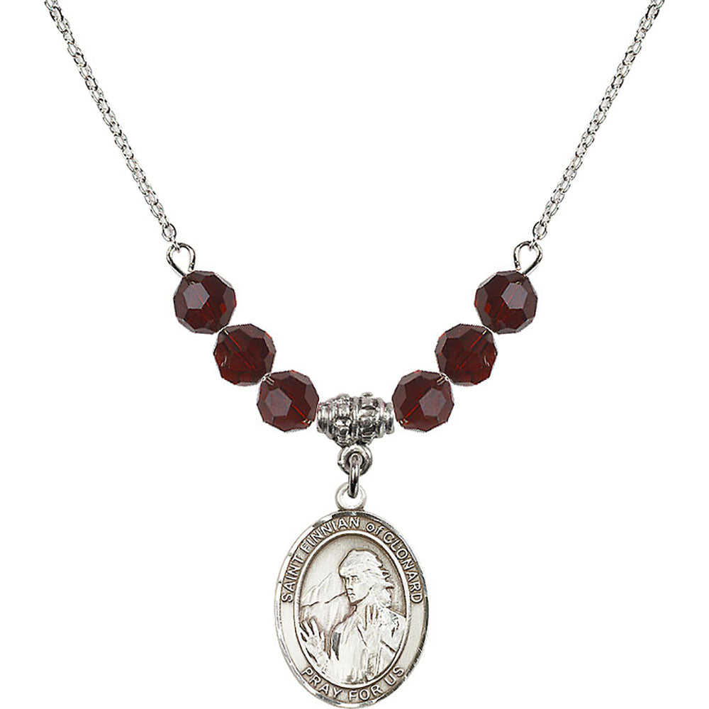 Sterling Silver Saint Finnian of Clonard Birthstone Necklace with Garnet Beads - 8308