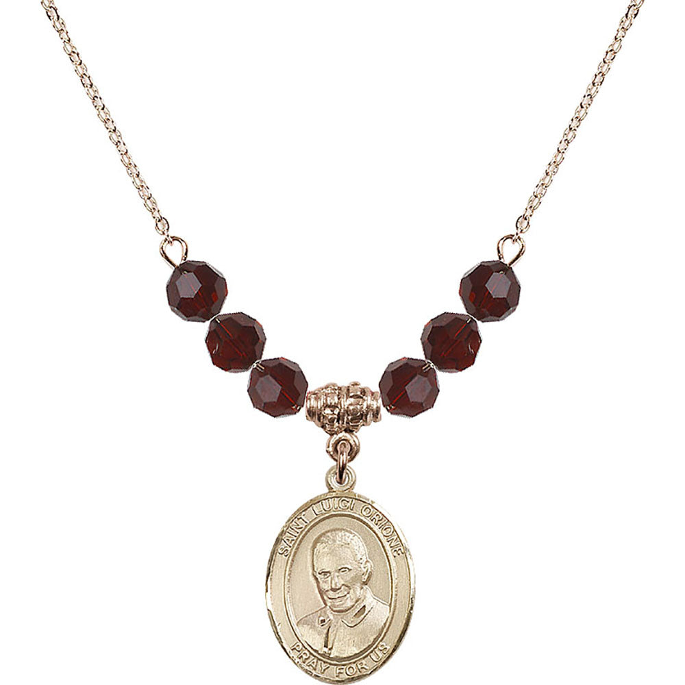 14kt Gold Filled Saint Luigi Orione Birthstone Necklace with Garnet Beads - 8326