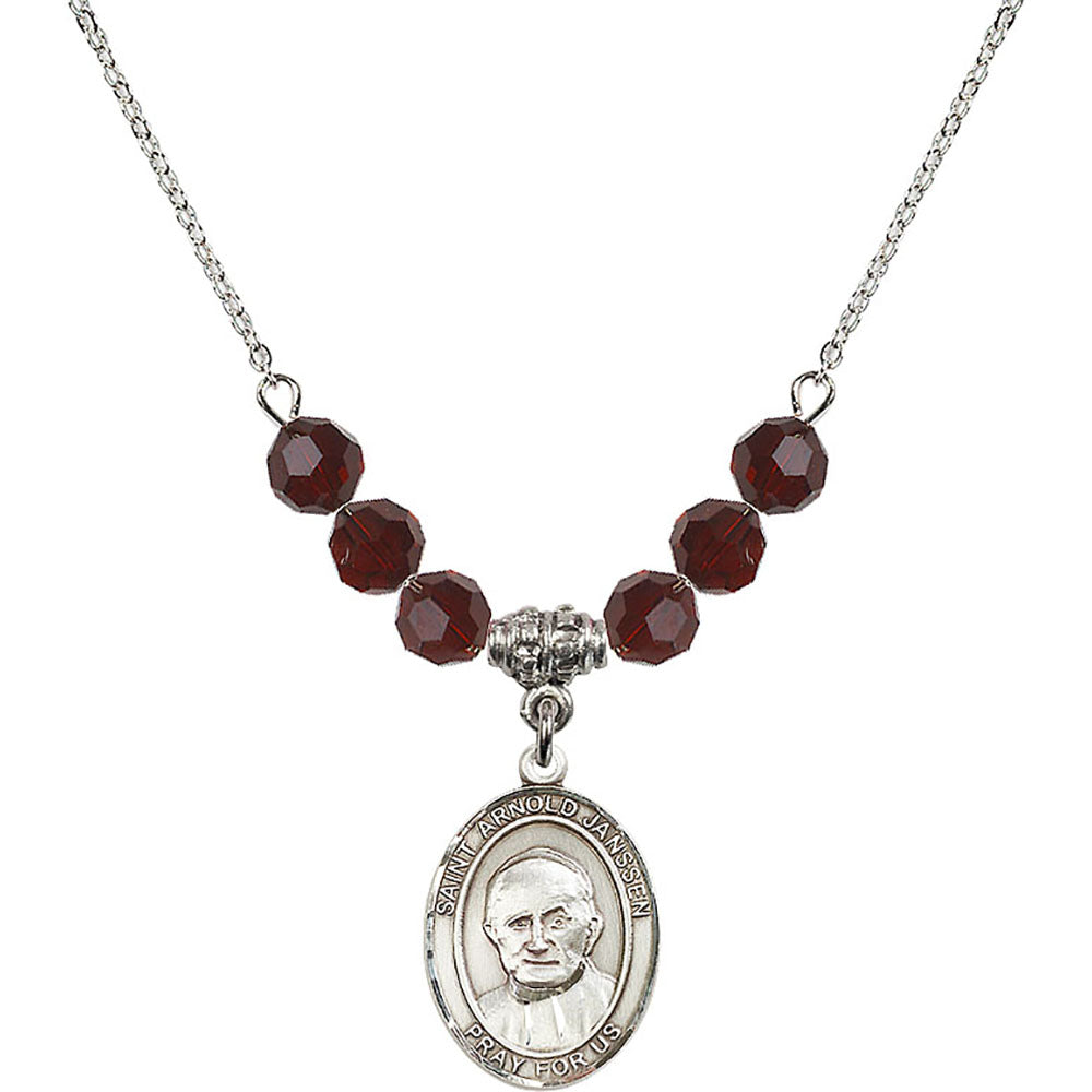 Sterling Silver Saint Arnold Janssen Birthstone Necklace with Garnet Beads - 8328