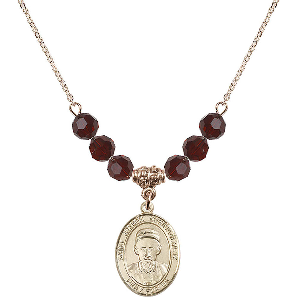 14kt Gold Filled Saint Joseph Freinademetz Birthstone Necklace with Garnet Beads - 8329