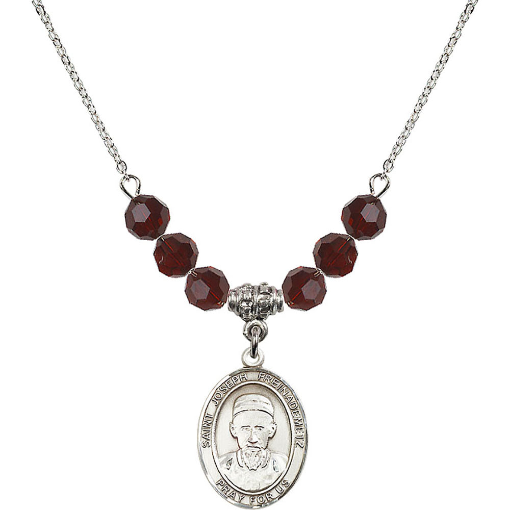 Sterling Silver Saint Joseph Freinademetz Birthstone Necklace with Garnet Beads - 8329
