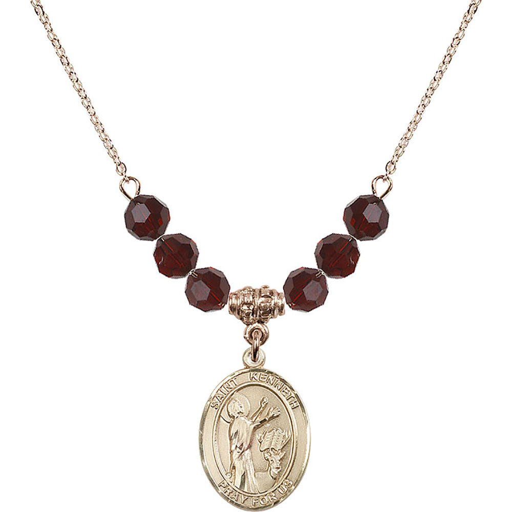14kt Gold Filled Saint Kenneth Birthstone Necklace with Garnet Beads - 8332