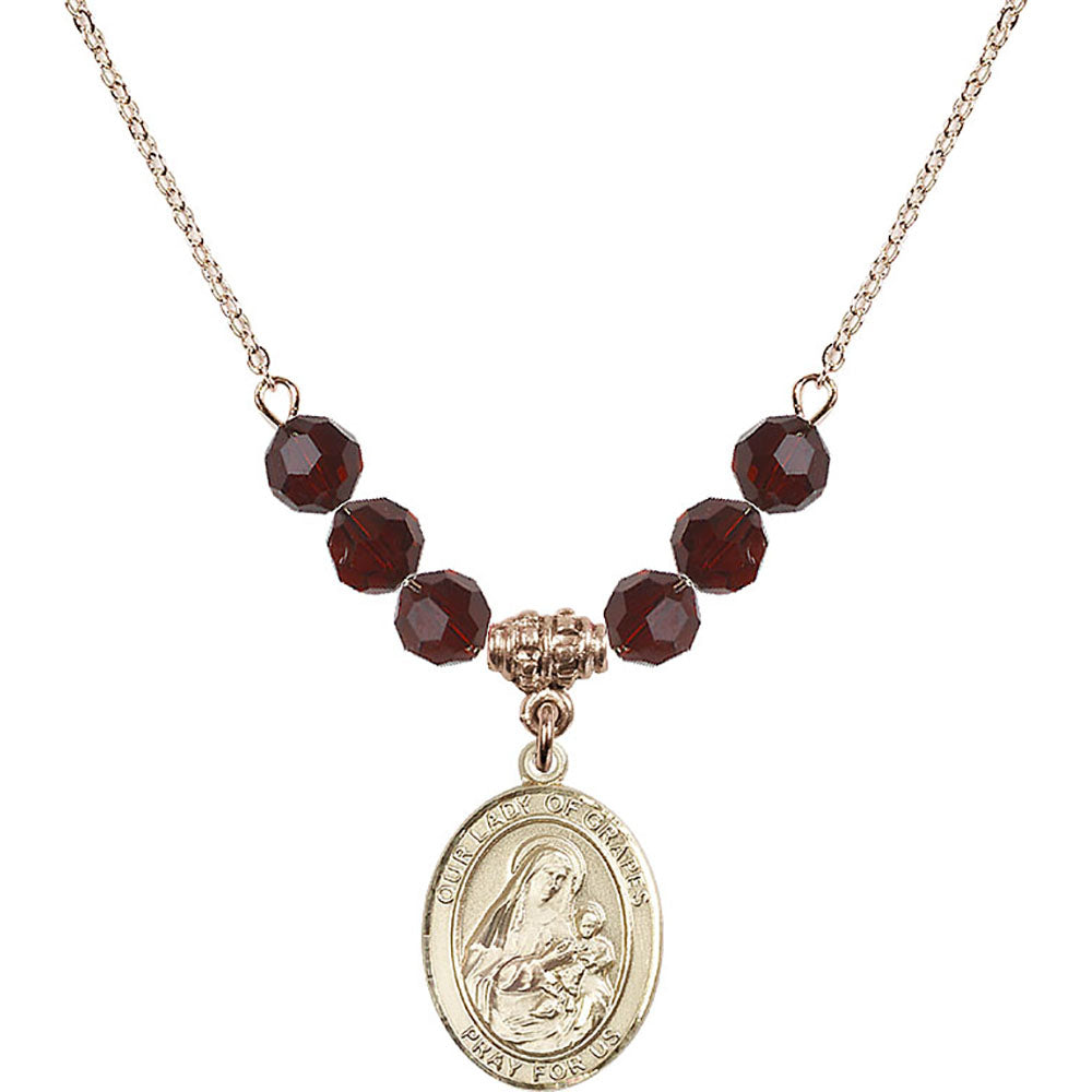 14kt Gold Filled Our Lady of Grapes Birthstone Necklace with Garnet Beads - 8347