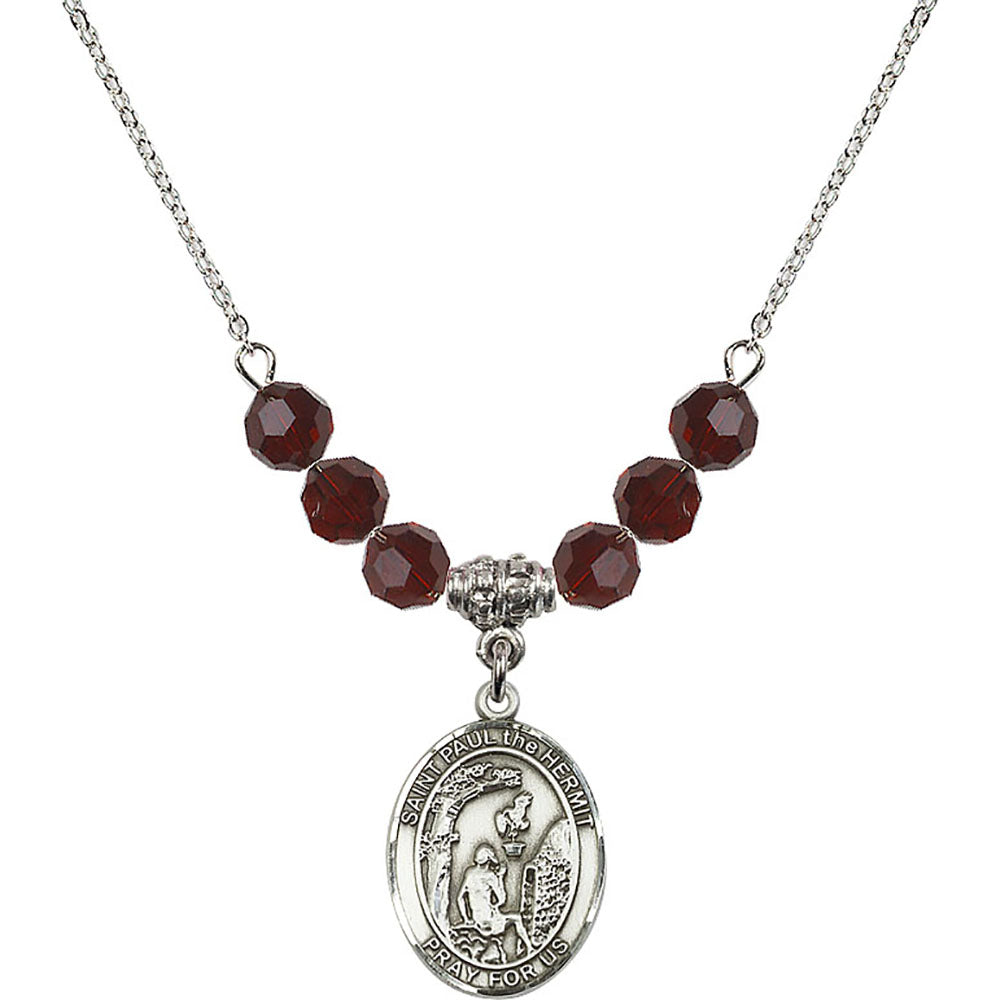 Sterling Silver Saint Paul the Hermit Birthstone Necklace with Garnet Beads - 8394