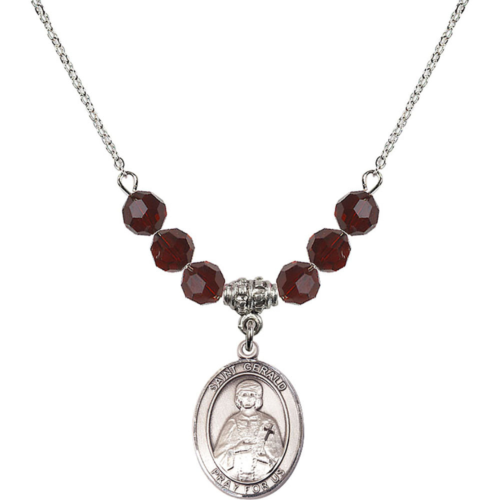 Sterling Silver Saint Gerald Birthstone Necklace with Garnet Beads - 8404