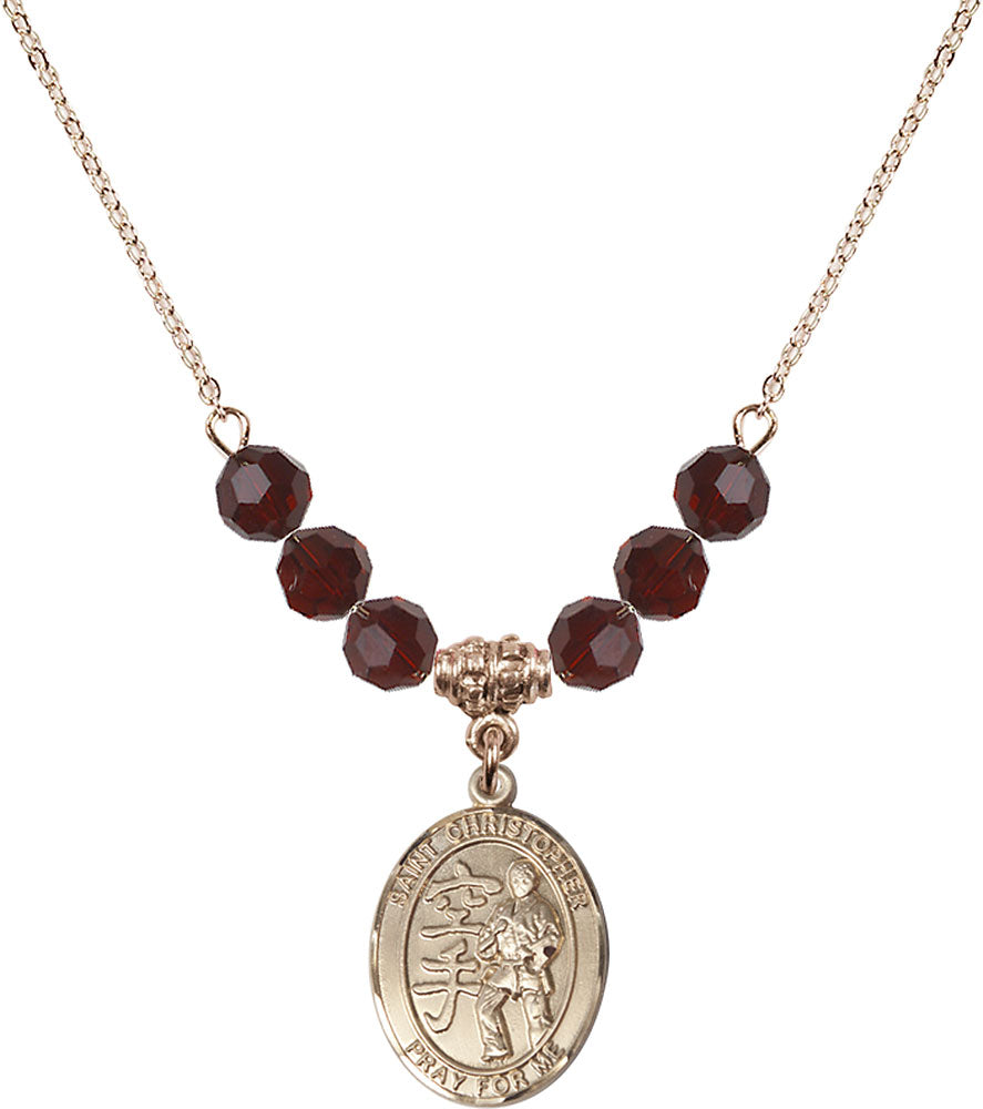14kt Gold Filled Saint Christopher / Karate Birthstone Necklace with Garnet Beads - 8515