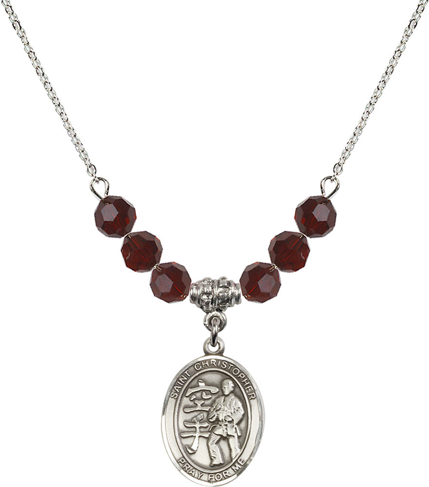 Sterling Silver Saint Christopher / Karate Birthstone Necklace with Garnet Beads - 8515