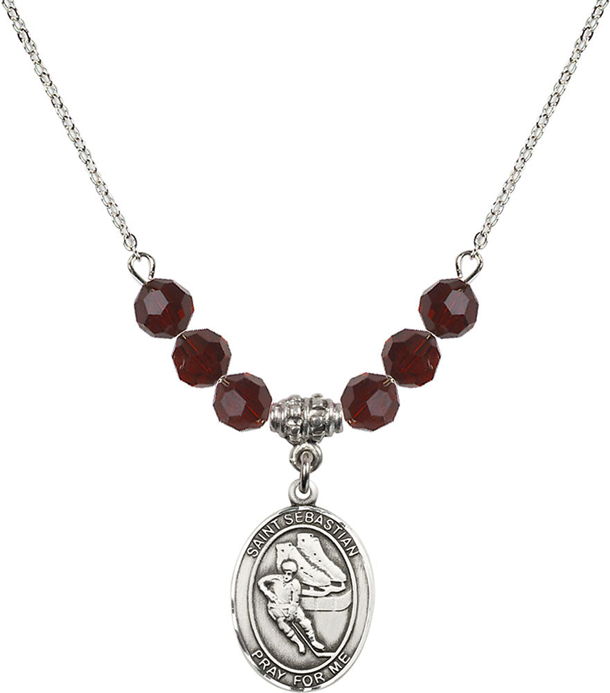 Sterling Silver Saint Sebastian / Hockey Birthstone Necklace with Garnet Beads - 8604