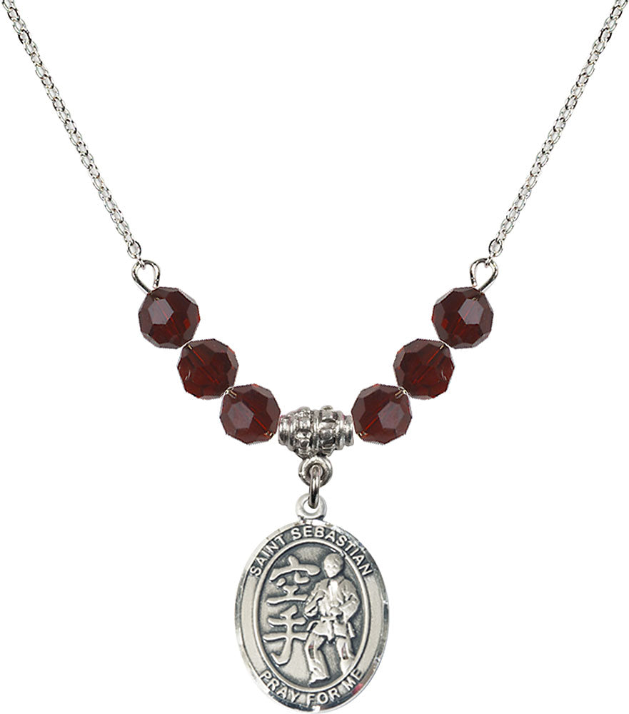 Sterling Silver Saint Sebastian/Karate Birthstone Necklace with Garnet Beads - 8615