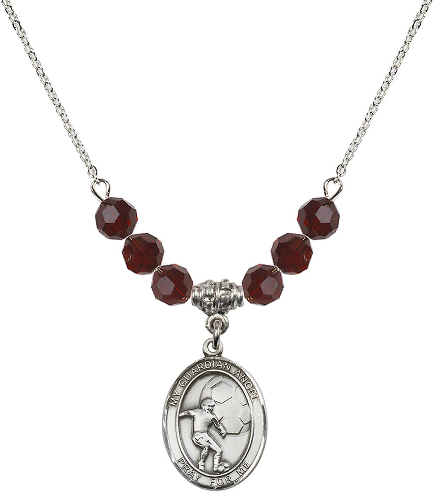 Sterling Silver Guardian Angel/Soccer Birthstone Necklace with Garnet Beads - 8703