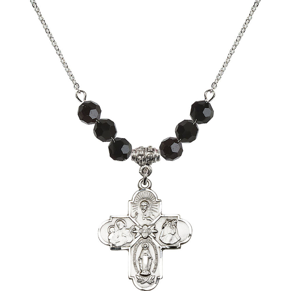Sterling Silver 4-Way Birthstone Necklace with Jet Beads - 0043