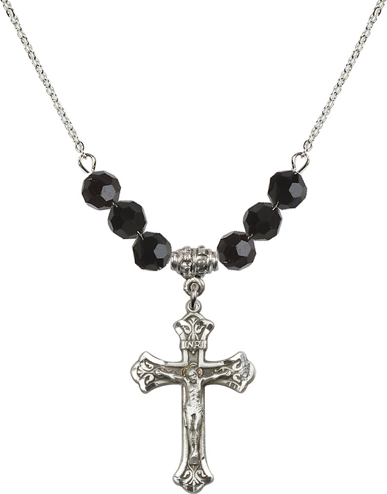Sterling Silver Crucifix Birthstone Necklace with Jet Beads - 0622