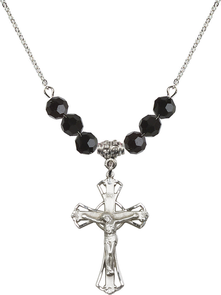 Sterling Silver Crucifix Birthstone Necklace with Jet Beads - 0659