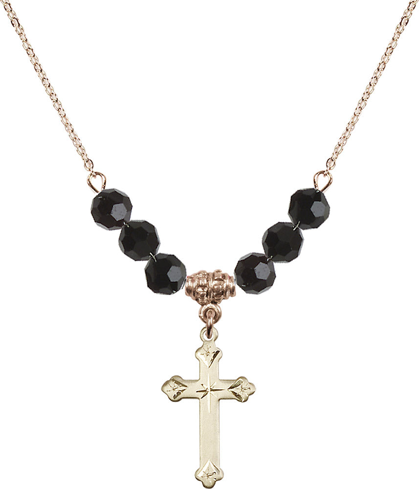 14kt Gold Filled Cross Birthstone Necklace with Jet Beads - 0667