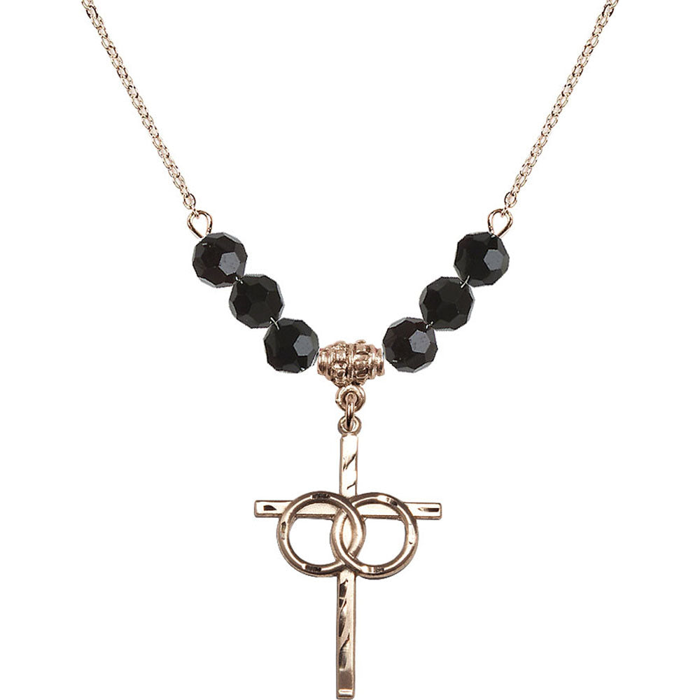 14kt Gold Filled Wedding Rings Cross Birthstone Necklace with Jet Beads - 0671