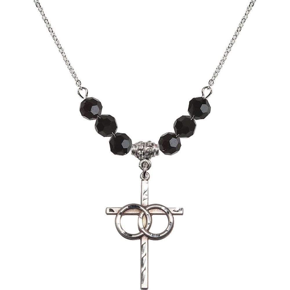 Sterling Silver Wedding Rings Cross Birthstone Necklace with Jet Beads - 0671