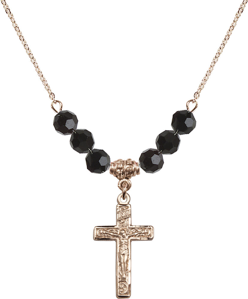 14kt Gold Filled Crucifix Birthstone Necklace with Jet Beads - 0673