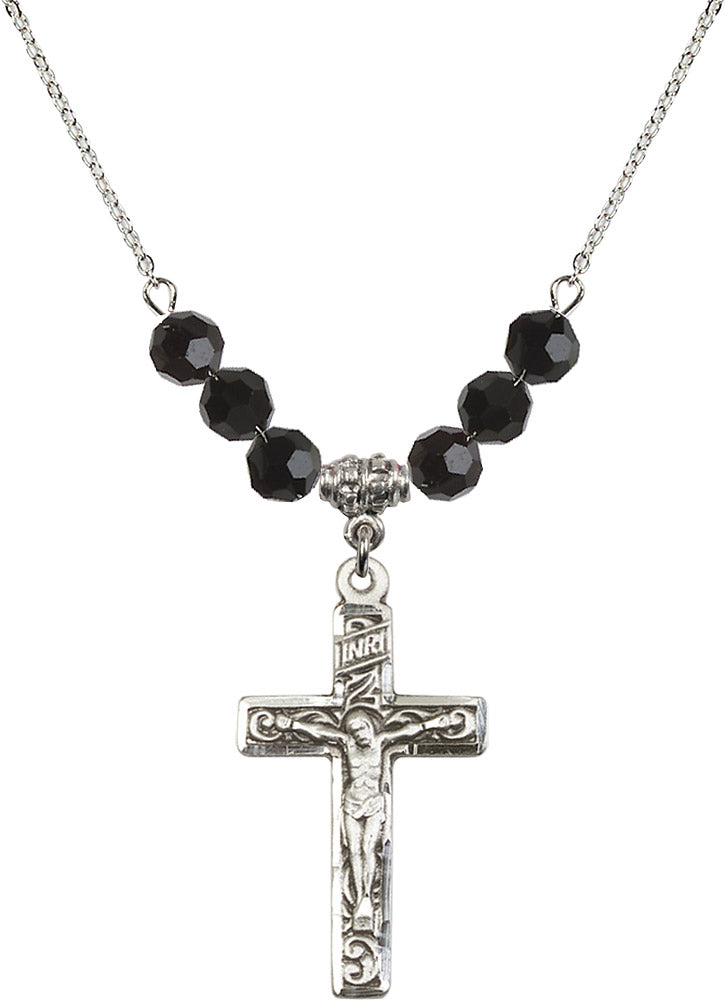 Sterling Silver Crucifix Birthstone Necklace with Jet Beads - 0674