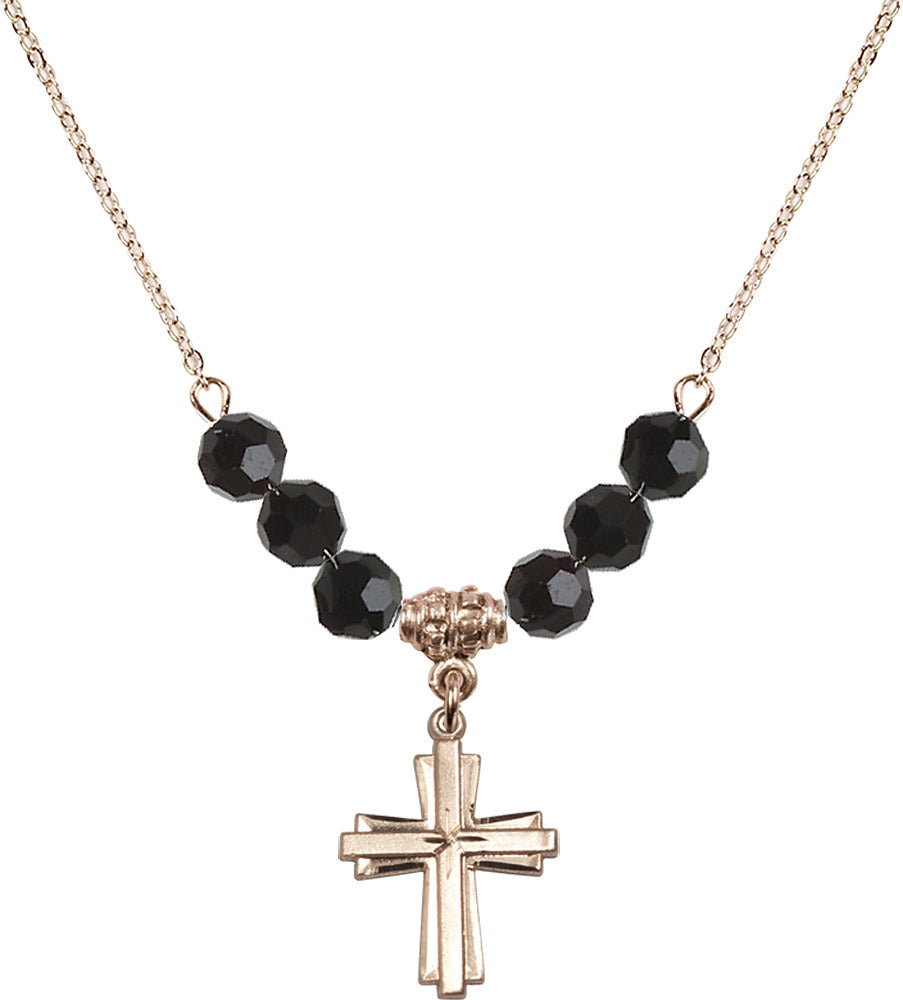 14kt Gold Filled Cross Birthstone Necklace with Jet Beads - 0675