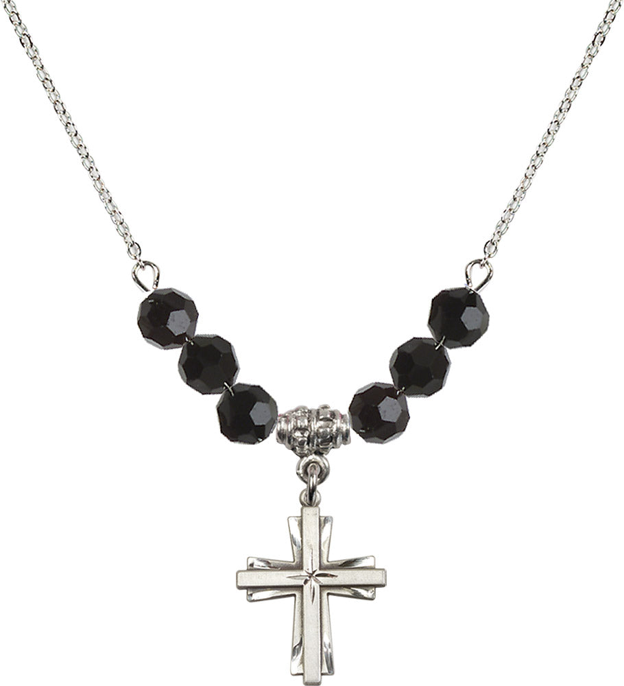 Sterling Silver Cross Birthstone Necklace with Jet Beads - 0675
