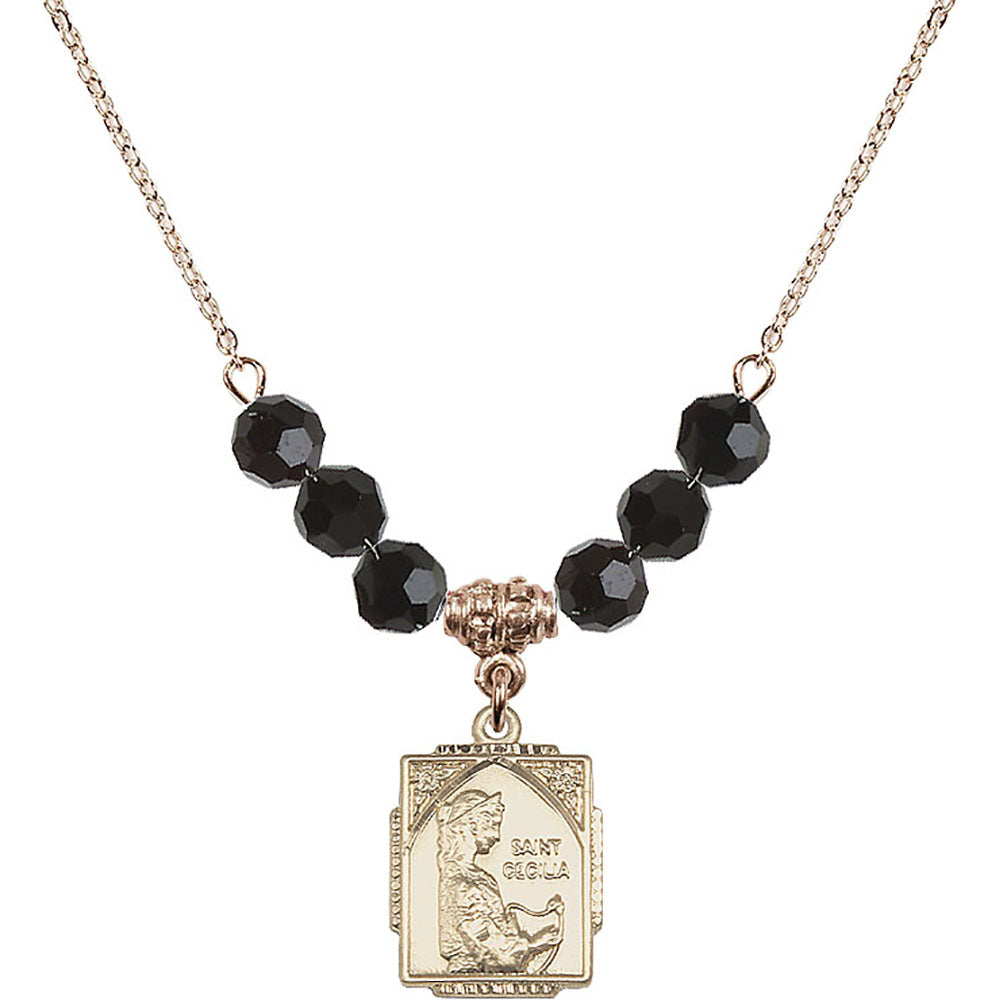 14kt Gold Filled Saint Cecilia Birthstone Necklace with Jet Beads - 0804