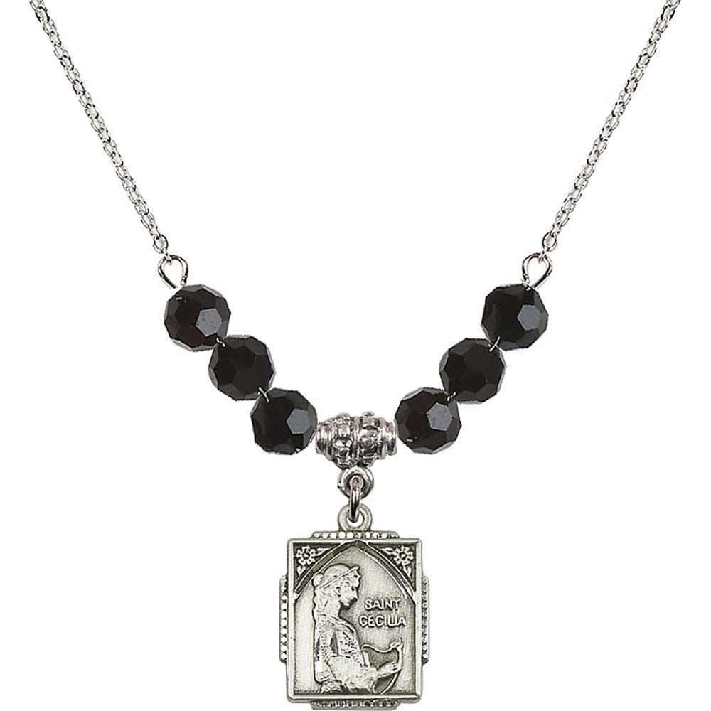 Sterling Silver Saint Cecilia Birthstone Necklace with Jet Beads - 0804